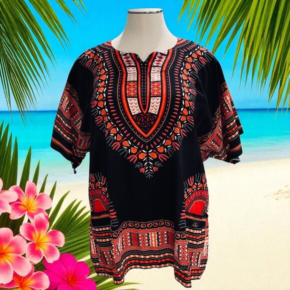 Raan Pah Muang Dashiki Top 3XL Black Red Cotton Festival Boho Summer Vacation - Picture 1 of 13